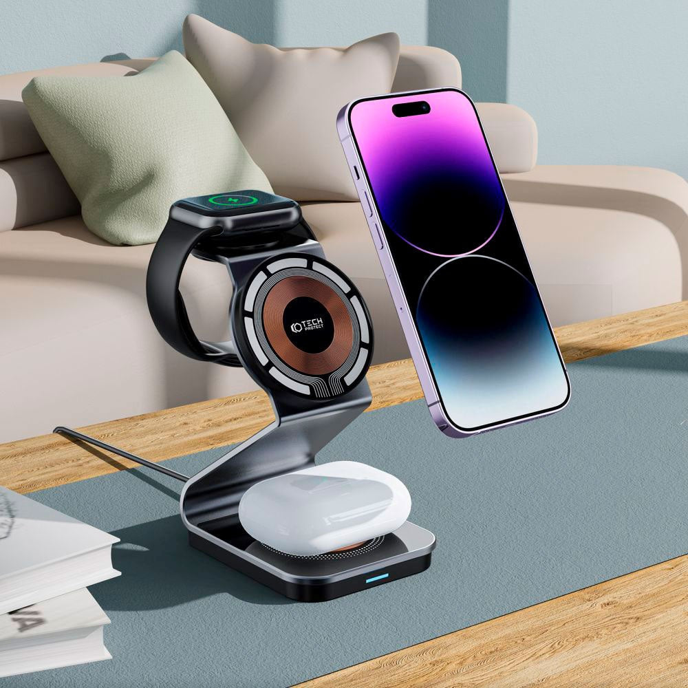 Tech-Protect QI15W-A29 3-in-1 Magnetisk Trådløs Oplader - Sort