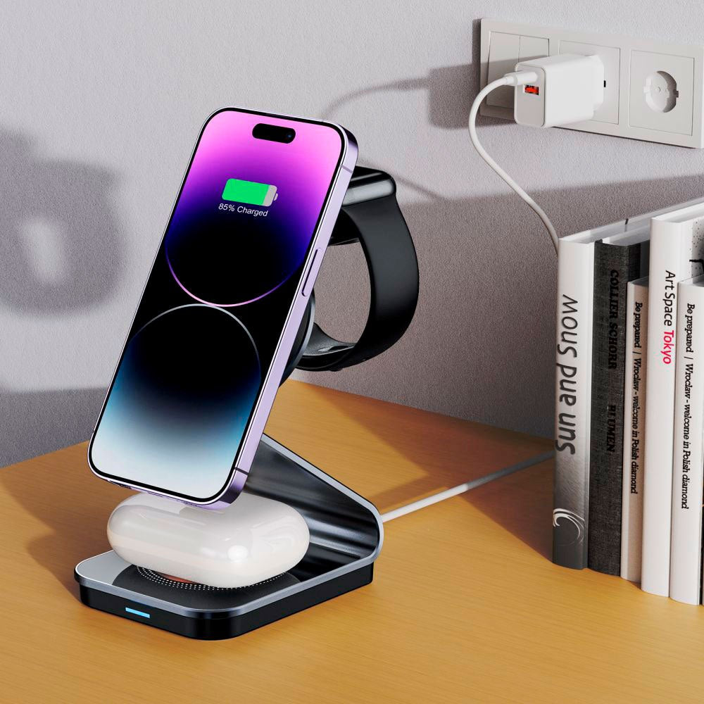 Tech-Protect QI15W-A29 3-in-1 Magnetisk Trådløs Oplader - Sort