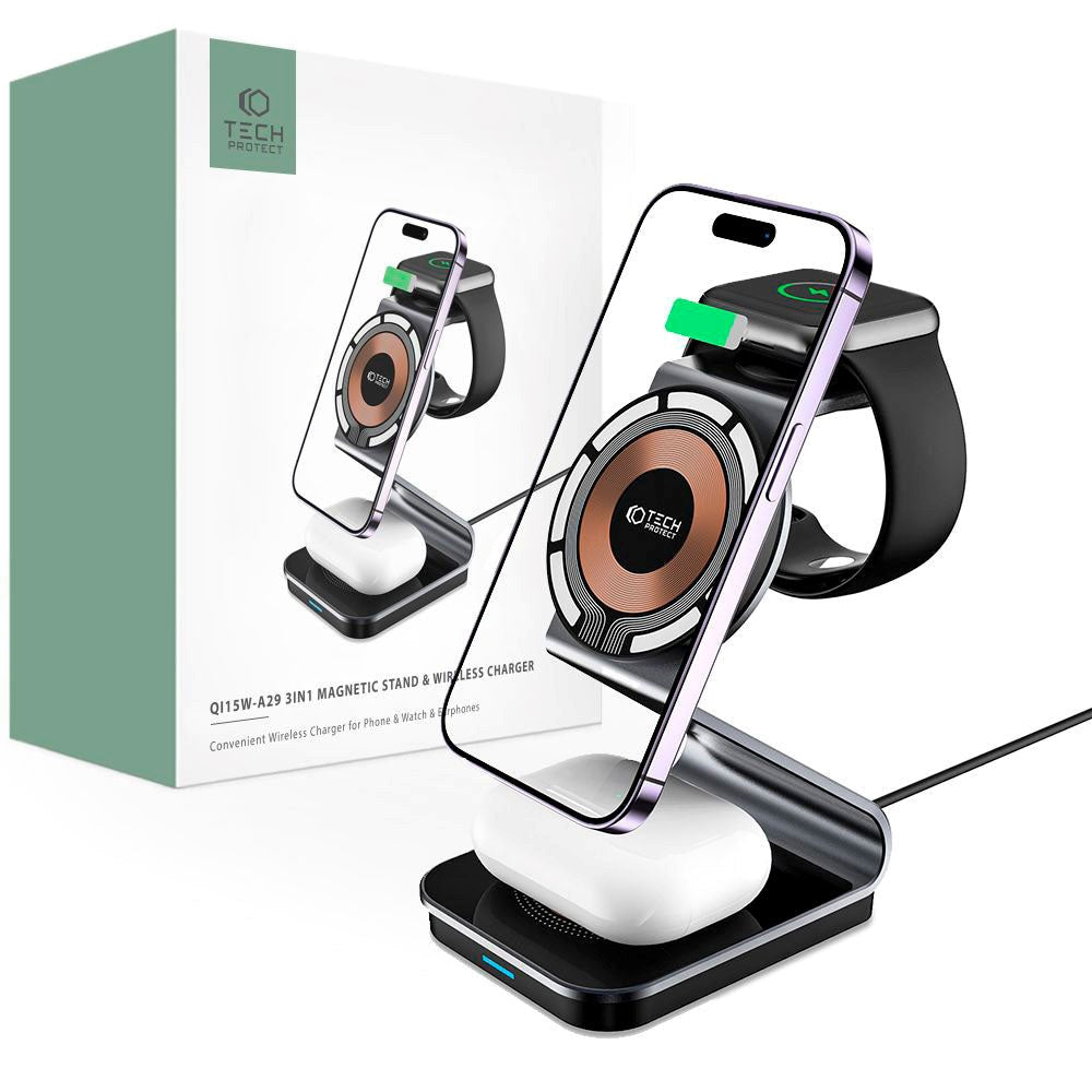 Tech-Protect QI15W-A29 3-in-1 Magnetisk Trådløs Oplader - Sort