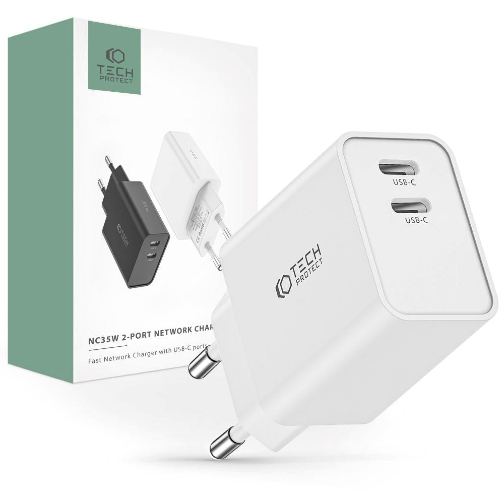 Tech-Protect PD 35W Vægoplader m. 2 x USB-C - Hvid