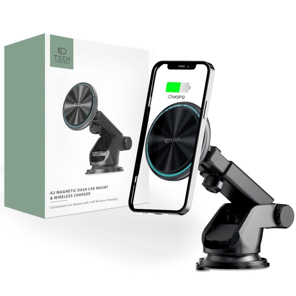 Tech-Protect A2 Magnetisk Bilholder m. 15W Trådløs Opladning - MagSafe Kompatibel - Sort