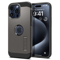 iPhone 15 Pro Spigen Tough Armor Cover m. Kickstand - MagSafe Kompatibel - Gun Metal