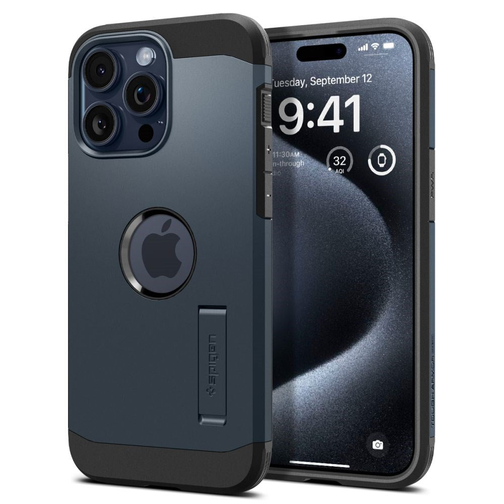 iPhone 15 Pro Spigen Tough Armor Cover m. Kickstand - MagSafe Kompatibel - Metal Slate