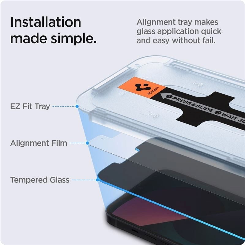 iPhone 14 / 13 / 13 Pro Spigen EZ Fit Glas.tR Privacy Skærmbeskyttelse - 2 Stk. - Case Friendly - Gennemsigtig