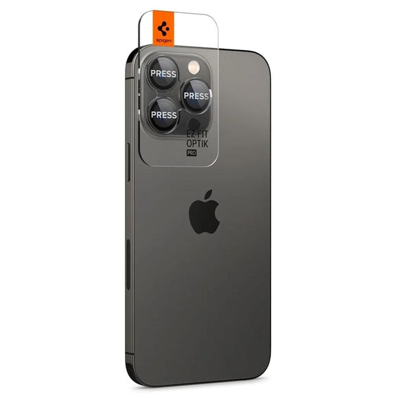 iPhone 17 Pro / 17 Pro Max / 16 Pro / 16 Pro Max / 15 Pro / 15 Pro Max / 14 Pro / 14 Pro Max Spigen EZ Fit. tR Optik Pro Kameralinse Beskyttelsesglas - 2 stk. - Gennemsigtig / Sort