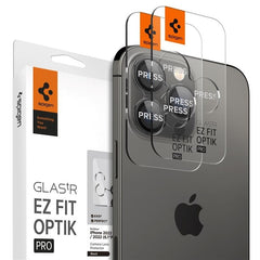 iPhone 17 Pro / 17 Pro Max / 16 Pro / 16 Pro Max / 15 Pro / 15 Pro Max / 14 Pro / 14 Pro Max Spigen EZ Fit. tR Optik Pro Kameralinse Beskyttelsesglas - 2 stk. - Gennemsigtig / Sort