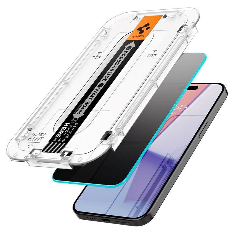 iPhone 15 Pro Max Spigen EZ Fit Glas.tR Privacy Skærmbeskyttelse - 2 Stk. - Case Friendly - Gennemsigtig