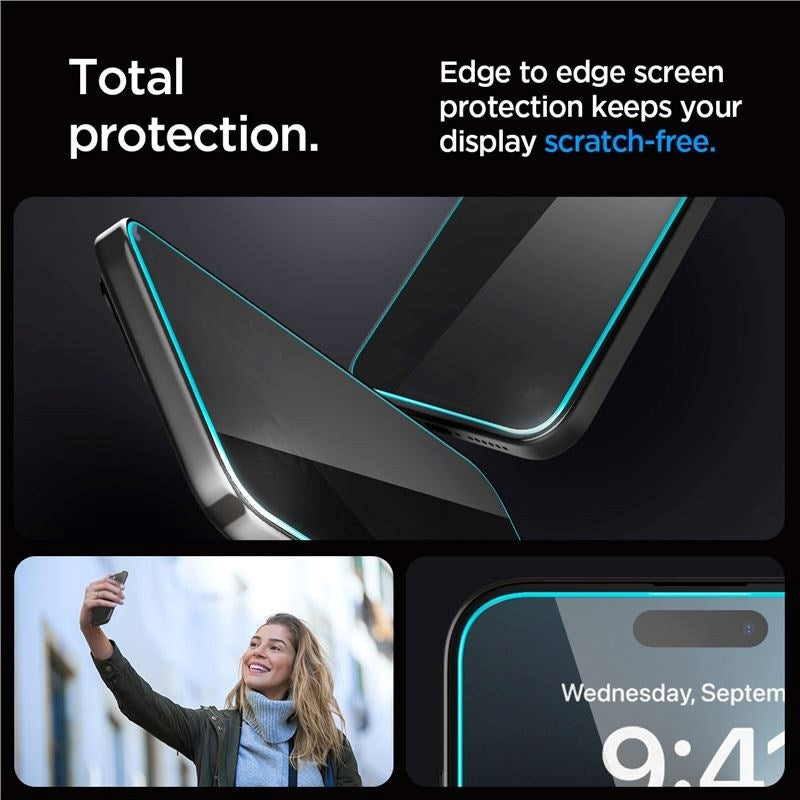 iPhone 15 Pro Max Spigen EZ Fit Glas.tR Privacy Skærmbeskyttelse - 2 Stk. - Case Friendly - Gennemsigtig