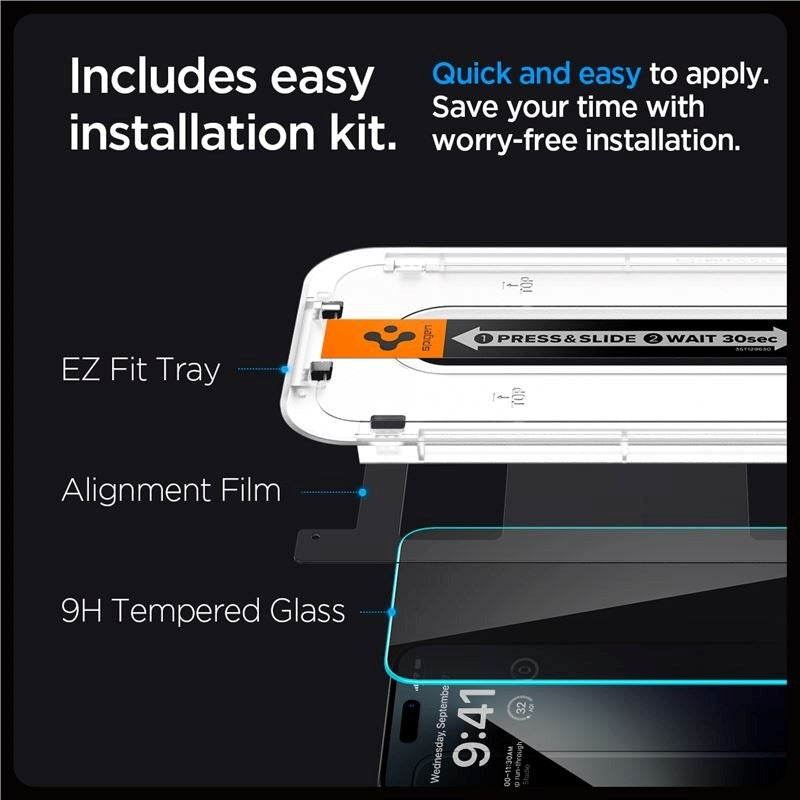 iPhone 15 Pro Max Spigen EZ Fit Glas.tR Privacy Skærmbeskyttelse - 2 Stk. - Case Friendly - Gennemsigtig