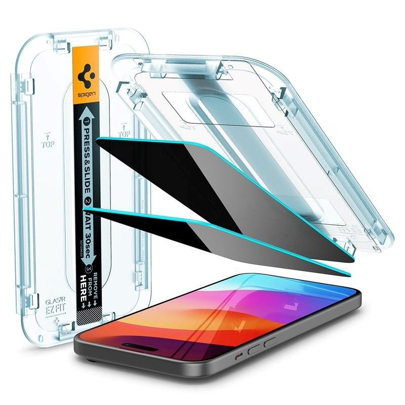 iPhone 16 Plus Spigen EZ Fit Glas.tR Privacy Skærmbeskyttelse - 2 stk. - Case Friendly - Gennemsigtig