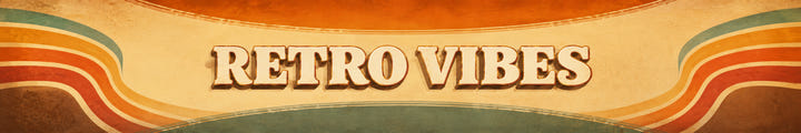 Retro Vibes banner med vintage farver, bølgende retro-mønster og teksten RETRO VIBES.
