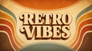 Retro Vibes banner med vintage farver, bølgende retro-mønster og teksten RETRO VIBES.