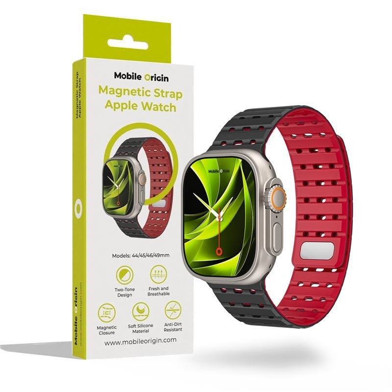 Apple Watch (42/44/SE/45/46/49mm) Mobile Origin Magnetisk Silikone Rem - Sort / Rød