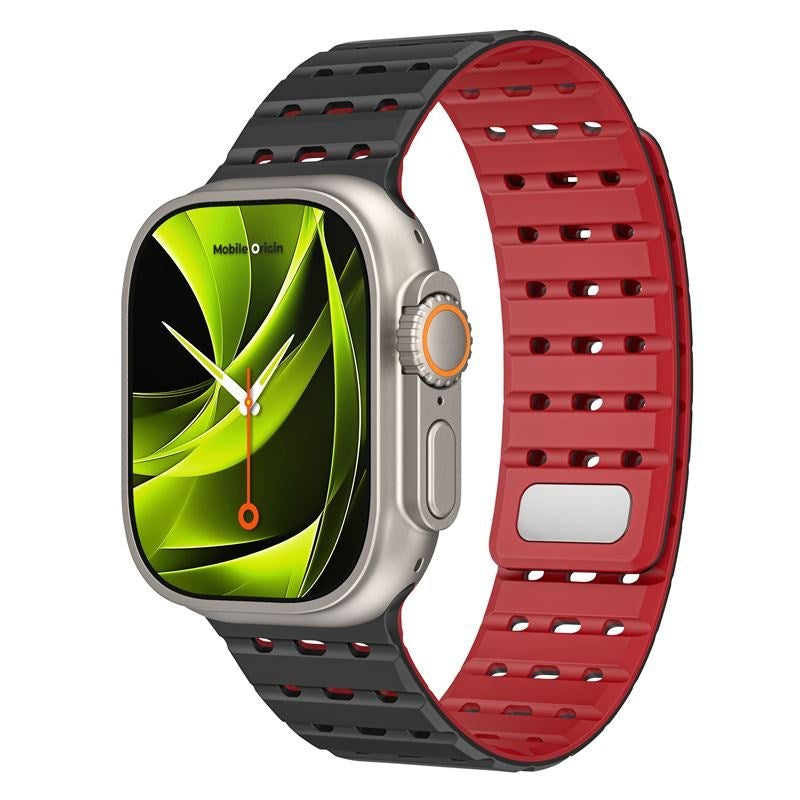 Apple Watch (42/44/SE/45/46/49mm) Mobile Origin Magnetisk Silikone Rem - Sort / Rød