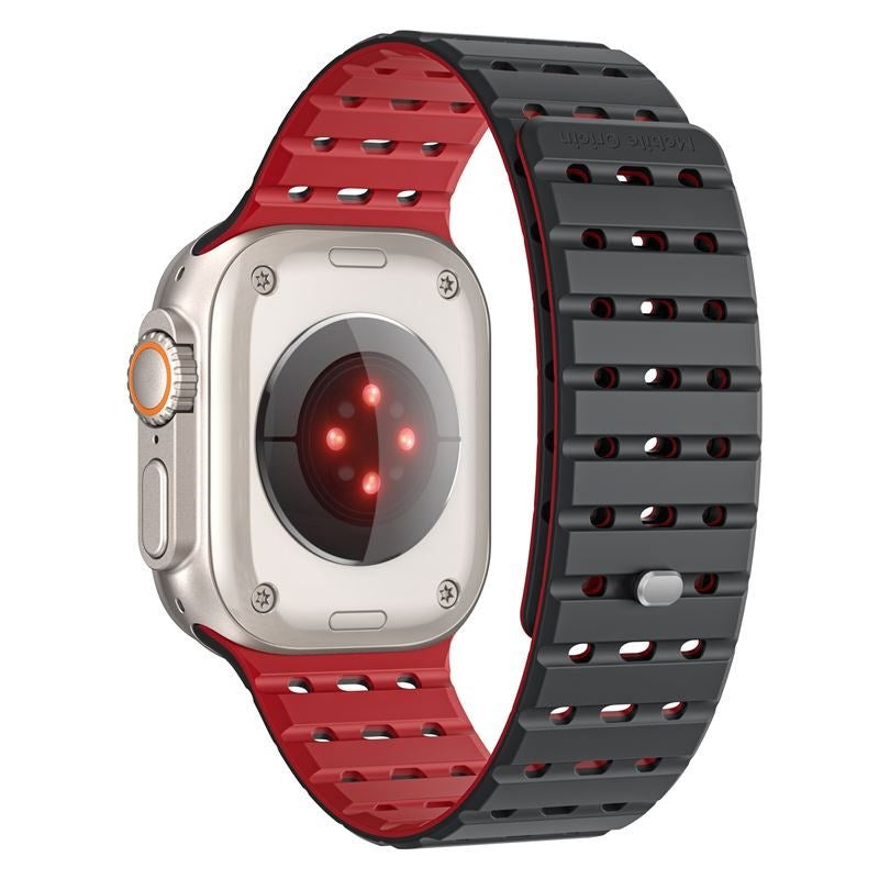 Apple Watch (42/44/SE/45/46/49mm) Mobile Origin Magnetisk Silikone Rem - Sort / Rød