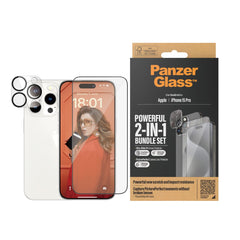 iPhone 15 Pro PanzerGlass 2-i-1 Bundle m. EasyAligner - Skærmbeskyttelse (UWF) / Kamerabeskyttelse - Gennemsigtig / Sort