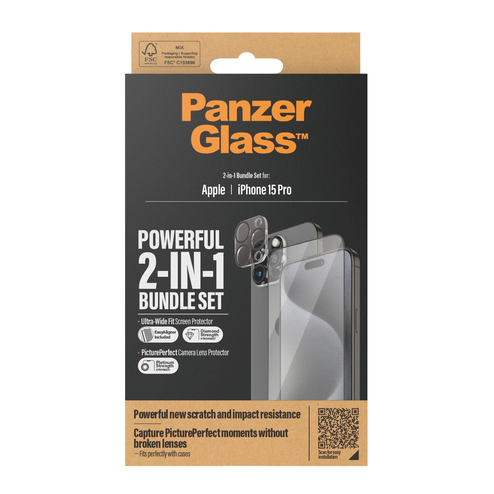iPhone 15 Pro PanzerGlass 2-i-1 Bundle m. EasyAligner - Skærmbeskyttelse (UWF) / Kamerabeskyttelse - Gennemsigtig / Sort