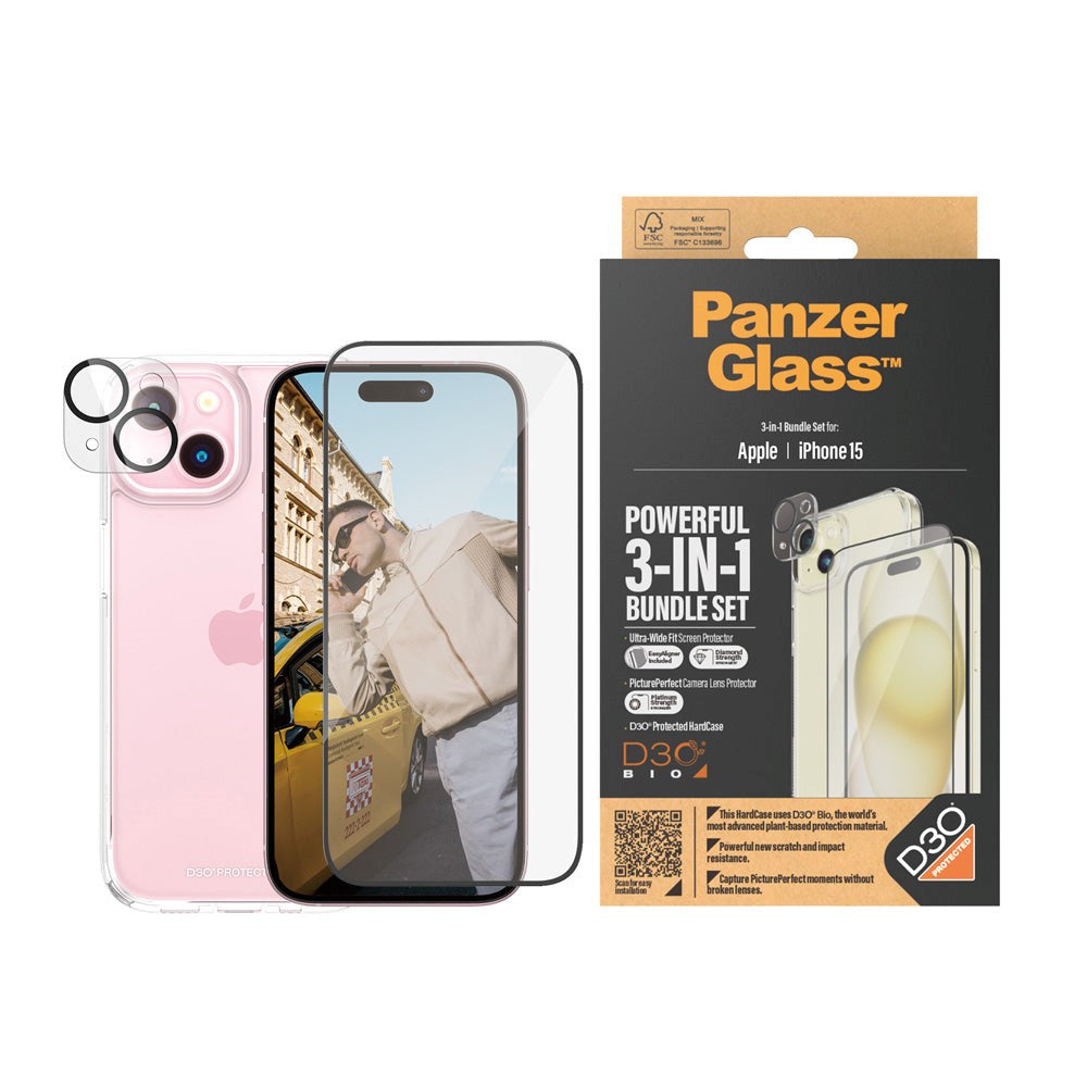 iPhone 15 PanzerGlass 3-i-1 Bundle m. EasyAligner - Cover / Skærmbeskyttelse (UWF) / Kamerabeskyttelse - Gennemsigtig / Sort
