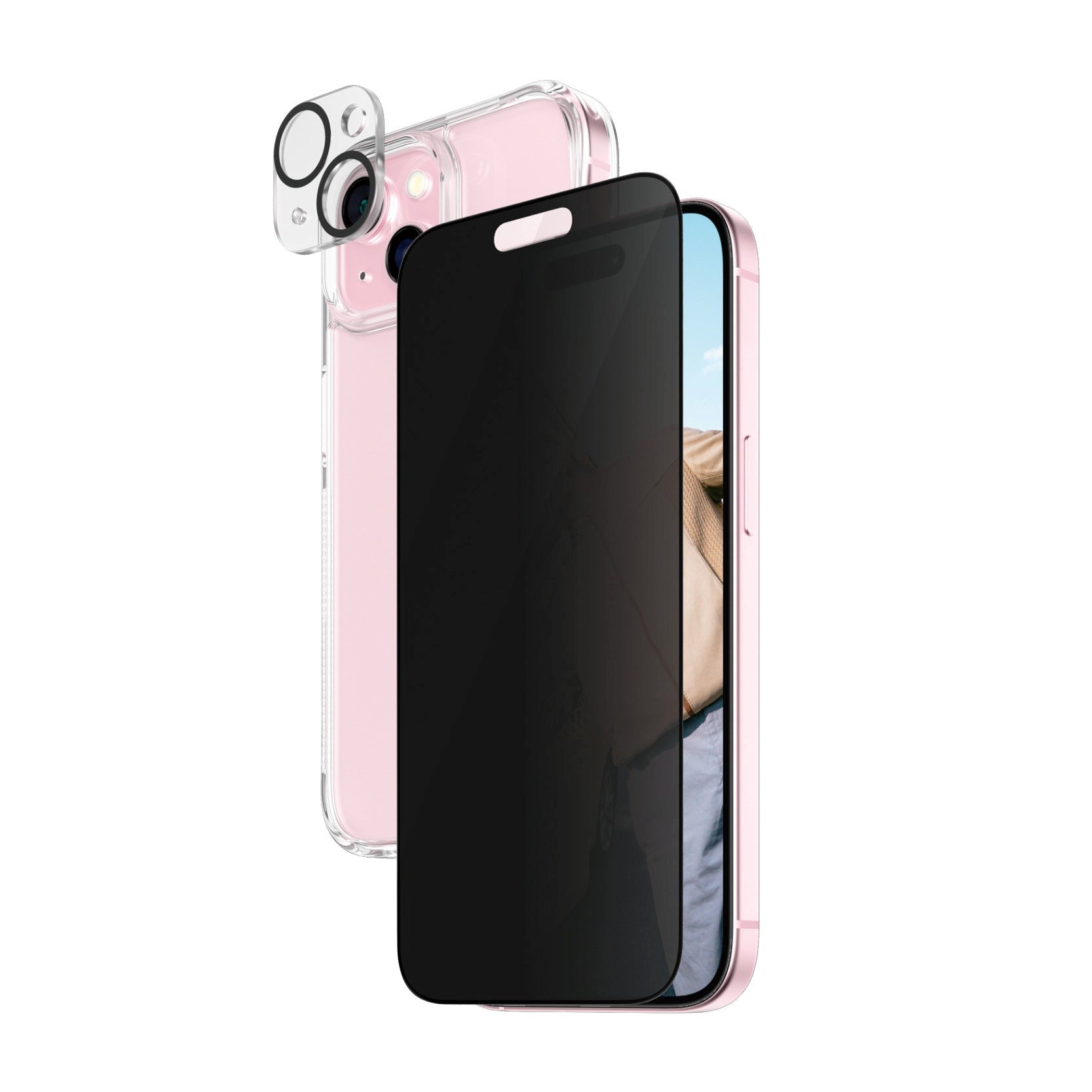iPhone 15 PanzerGlass 3-i-1 Bundle m. EasyAligner - Cover / Privacy Skærmbeskyttelse (UWF) / Kamerabeskyttelse - Gennemsigtig / Sort
