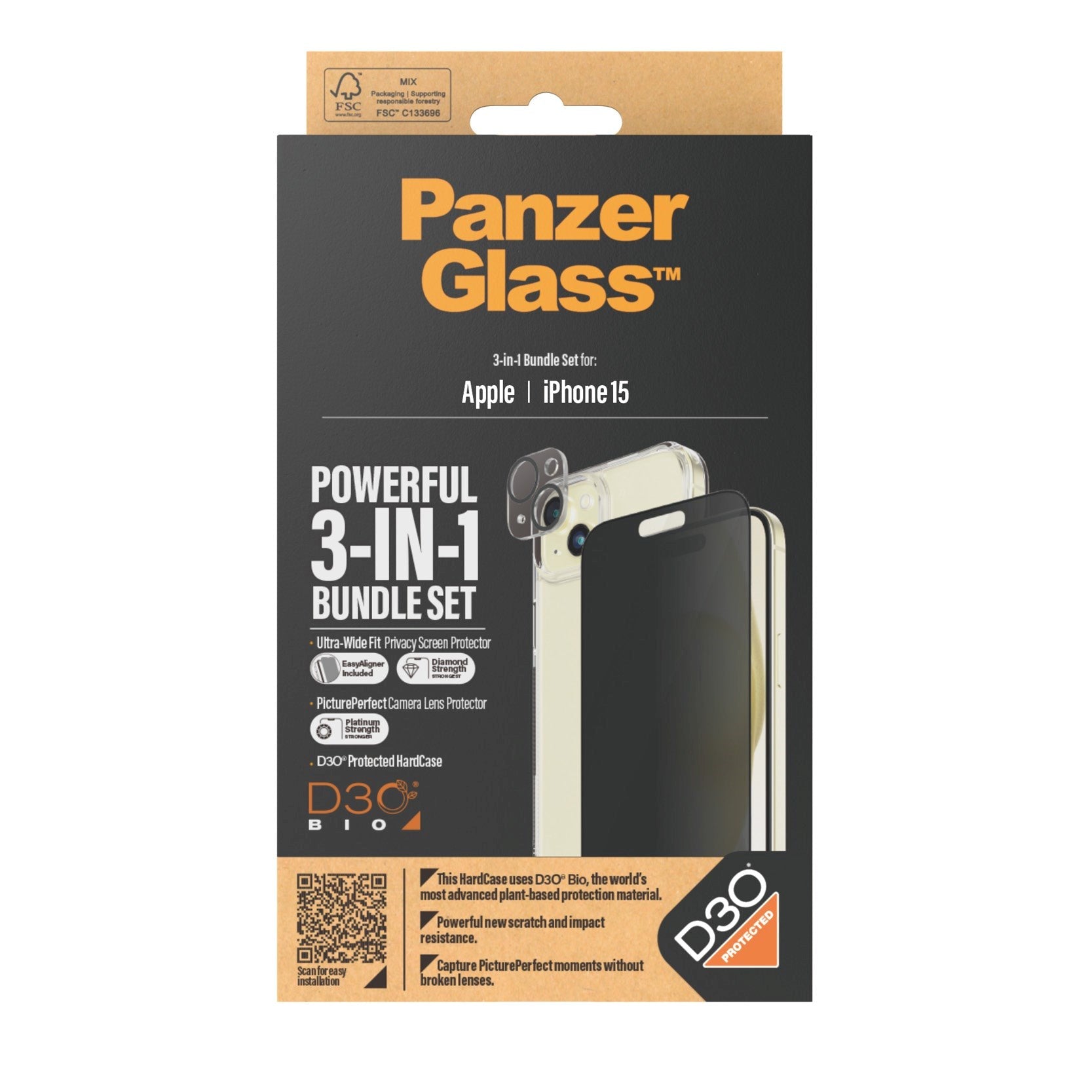 iPhone 15 PanzerGlass 3-i-1 Bundle m. EasyAligner - Cover / Privacy Skærmbeskyttelse (UWF) / Kamerabeskyttelse - Gennemsigtig / Sort