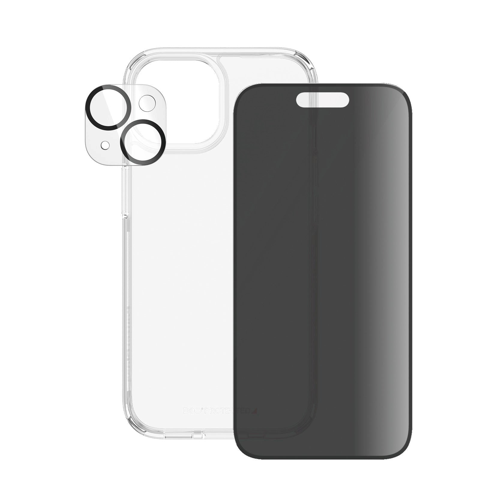 iPhone 15 PanzerGlass 3-i-1 Bundle m. EasyAligner - Cover / Privacy Skærmbeskyttelse (UWF) / Kamerabeskyttelse - Gennemsigtig / Sort