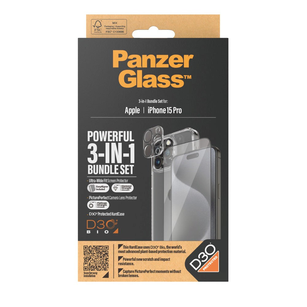 iPhone 15 Pro PanzerGlass 3-i-1 Bundle m. EasyAligner - Cover / Skærmbeskyttelse (UWF) / Kamerabeskyttelse - Gennemsigtig / Sort
