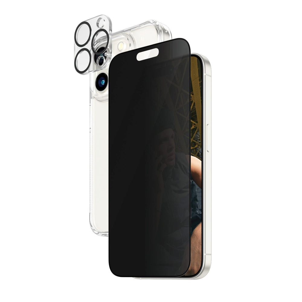 iPhone 15 Pro PanzerGlass 3-i-1 Bundle m. EasyAligner - Cover / Privacy Skærmbeskyttelse (UWF) / Kamerabeskyttelse - Gennemsigtig / Sort