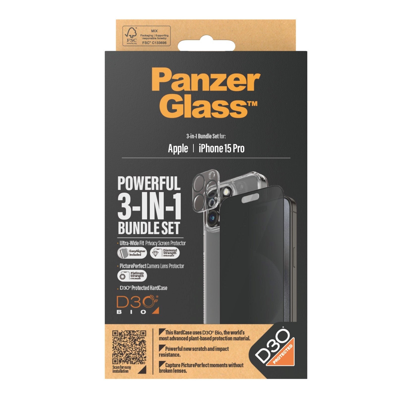 iPhone 15 Pro PanzerGlass 3-i-1 Bundle m. EasyAligner - Cover / Privacy Skærmbeskyttelse (UWF) / Kamerabeskyttelse - Gennemsigtig / Sort