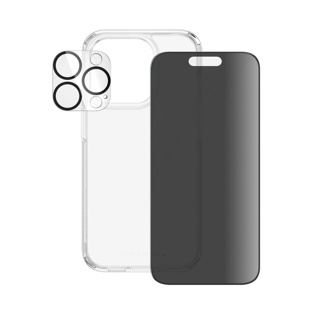 iPhone 15 Pro PanzerGlass 3-i-1 Bundle m. EasyAligner - Cover / Privacy Skærmbeskyttelse (UWF) / Kamerabeskyttelse - Gennemsigtig / Sort