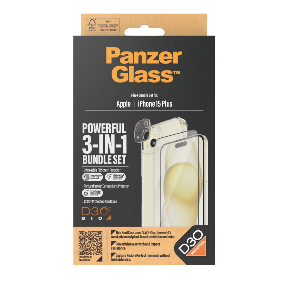 iPhone 15 Plus PanzerGlass 3-i-1 Bundle m. EasyAligner - Cover / Skærmbeskyttelse (UWF) / Kamerabeskyttelse - Gennemsigtig / Sort