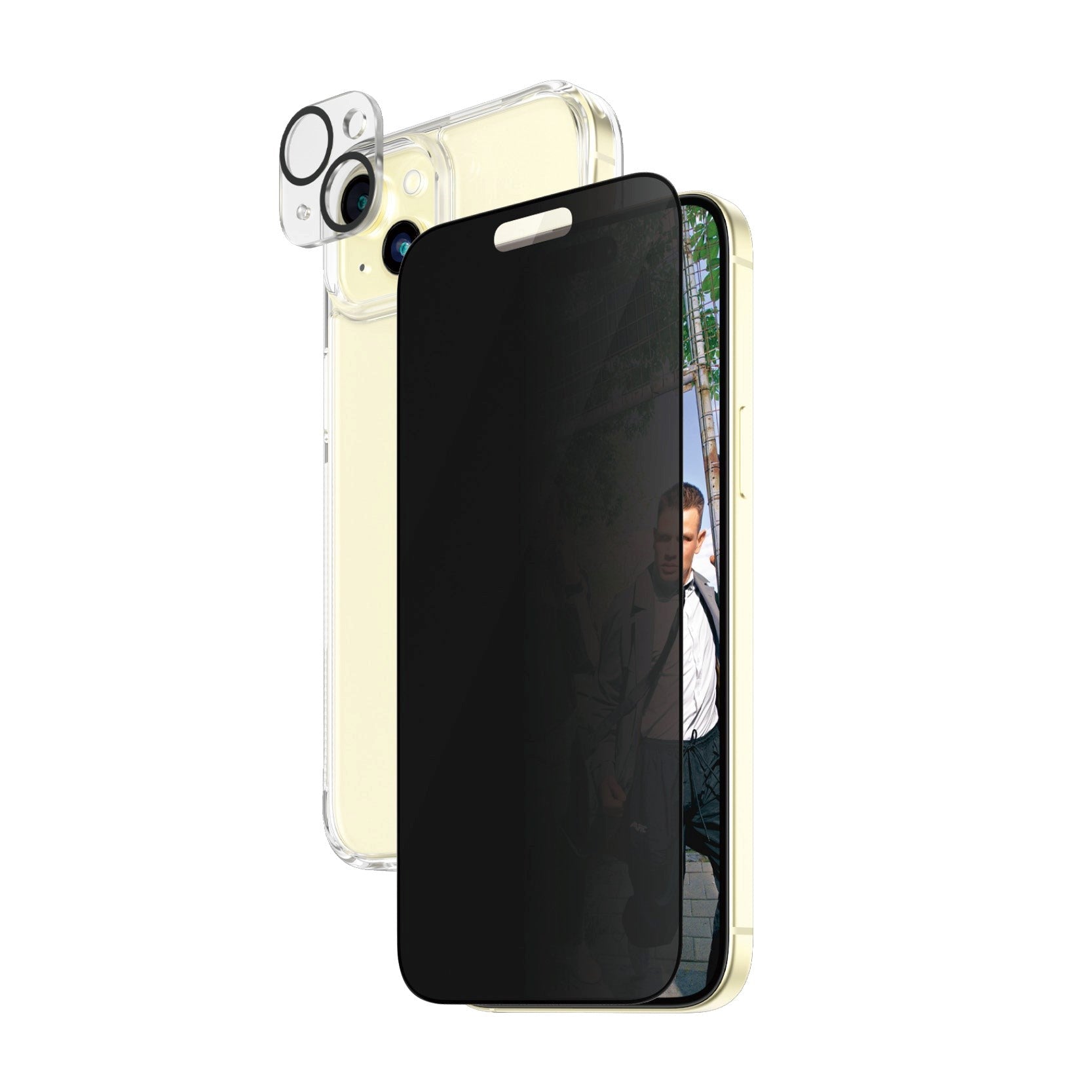 iPhone 15 Plus PanzerGlass 3-i-1 Bundle m. EasyAligner - Cover / Privacy Skærmbeskyttelse (UWF) / Kamerabeskyttelse - Gennemsigtig / Sort