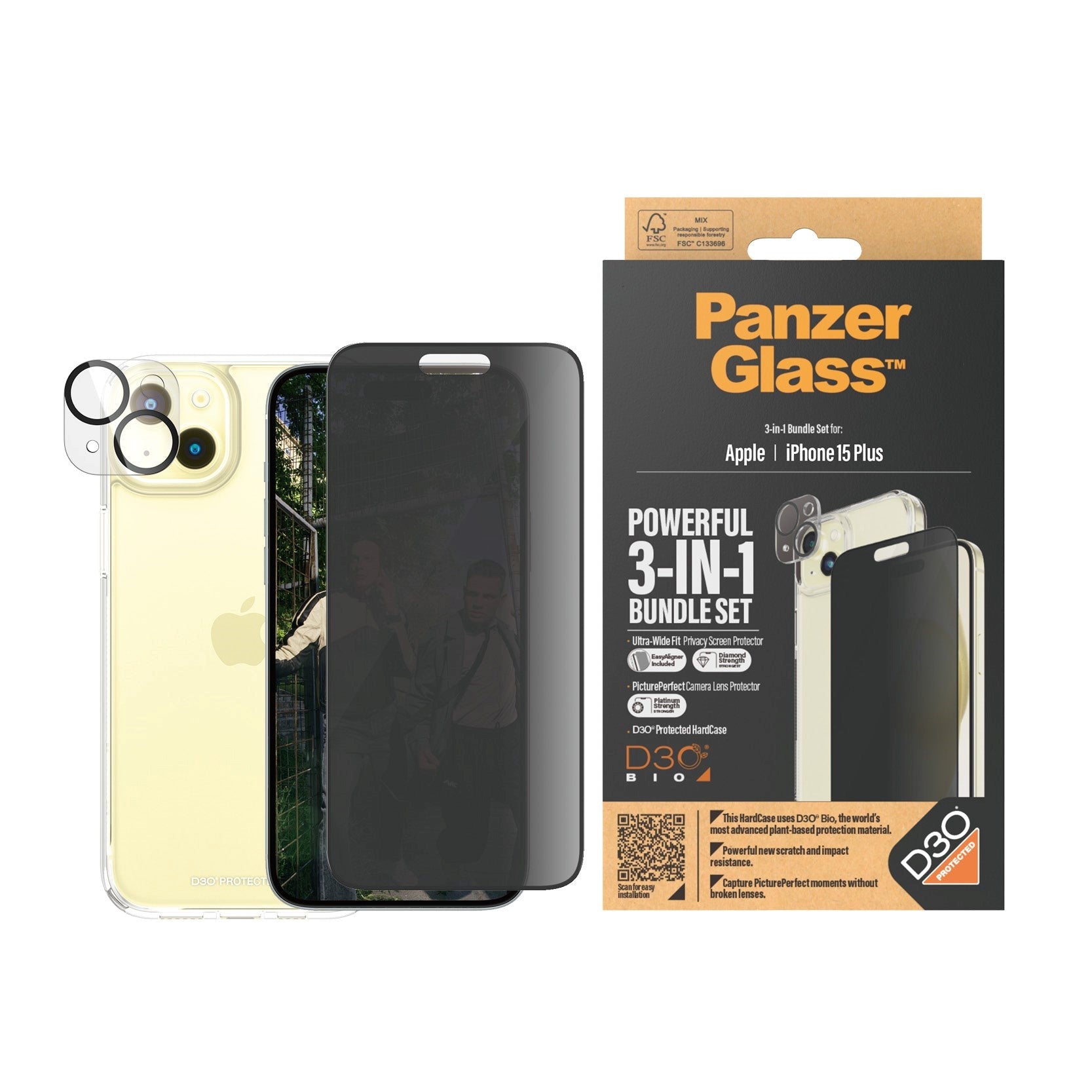 iPhone 15 Plus PanzerGlass 3-i-1 Bundle m. EasyAligner - Cover / Privacy Skærmbeskyttelse (UWF) / Kamerabeskyttelse - Gennemsigtig / Sort