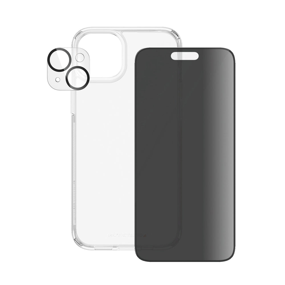 iPhone 15 Plus PanzerGlass 3-i-1 Bundle m. EasyAligner - Cover / Privacy Skærmbeskyttelse (UWF) / Kamerabeskyttelse - Gennemsigtig / Sort
