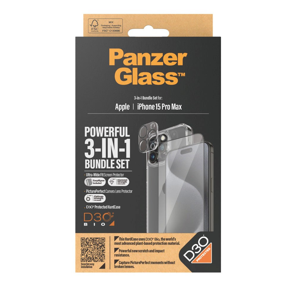 iPhone 15 Pro Max PanzerGlass 3-i-1 Bundle m. EasyAligner - Cover / Skærmbeskyttelse (UWF) / Kamerabeskyttelse - Gennemsigtig / Sort