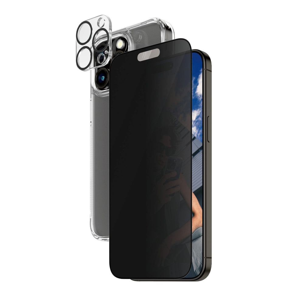 iPhone 15 Pro Max PanzerGlass 3-i-1 Bundle m. EasyAligner - Cover / Privacy Skærmbeskyttelse (UWF) / Kamerabeskyttelse - Gennemsigtig / Sort