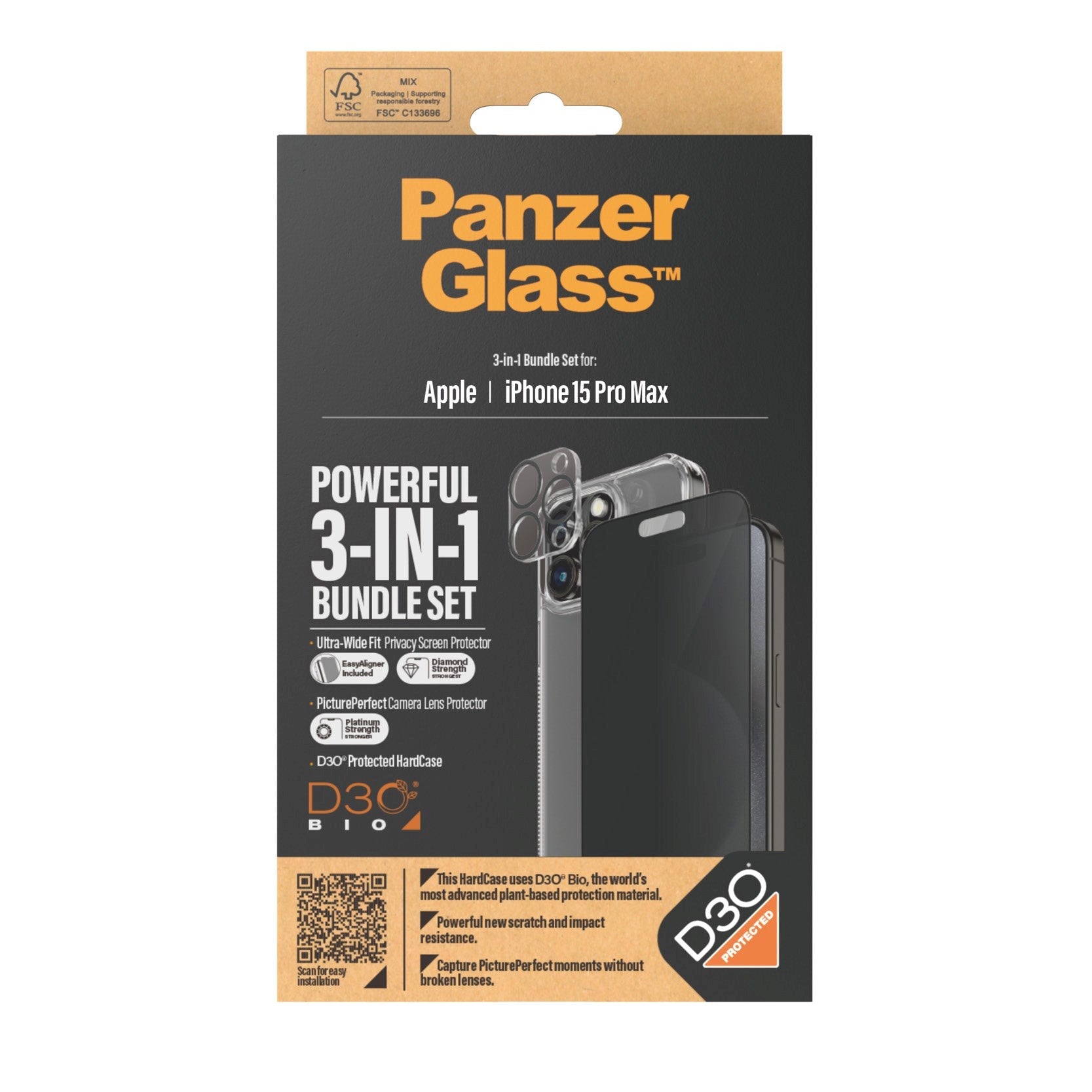iPhone 15 Pro Max PanzerGlass 3-i-1 Bundle m. EasyAligner - Cover / Privacy Skærmbeskyttelse (UWF) / Kamerabeskyttelse - Gennemsigtig / Sort