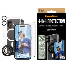 iPhone 16 PanzerGlass 4-i-1 Bundle m. EasyAligner - Cover / Skærmbeskyttelse (UWF) / Kamerabeskyttelse / Fingerring - Gennemsigtig / Sort