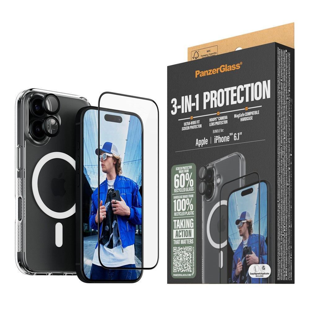 iPhone 16 PanzerGlass 3-i-1 Bundle m. EasyAligner - Cover / Skærmbeskyttelse (UWF) / Kamerabeskyttelse - Gennemsigtig / Sort