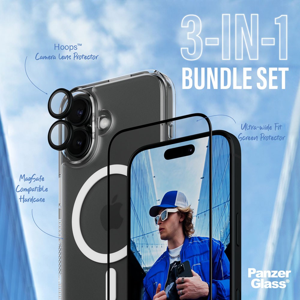 iPhone 16 PanzerGlass 3-i-1 Bundle m. EasyAligner - Cover / Skærmbeskyttelse (UWF) / Kamerabeskyttelse - Gennemsigtig / Sort