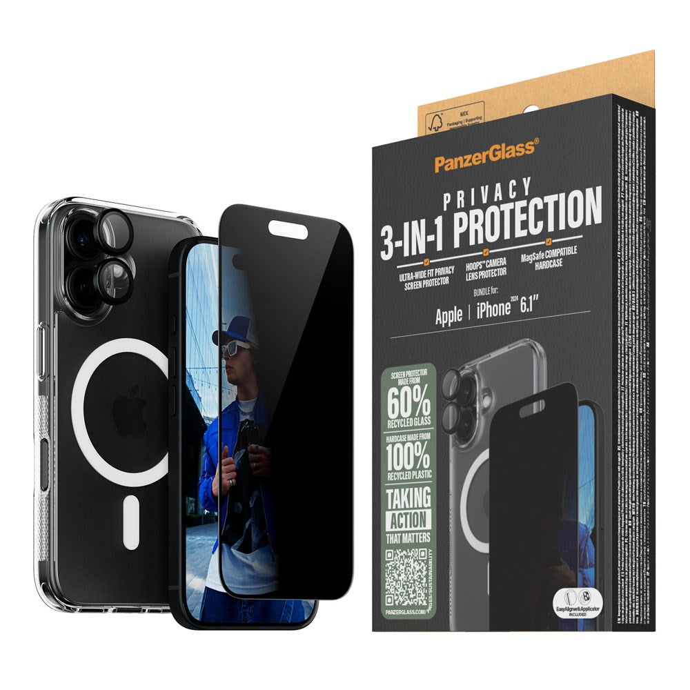 iPhone 16 PanzerGlass 3-i-1 Bundle m. EasyAligner - Cover / Privacy Skærmbeskyttelse (UWF) / Kamerabeskyttelse - Gennemsigtig / Sort