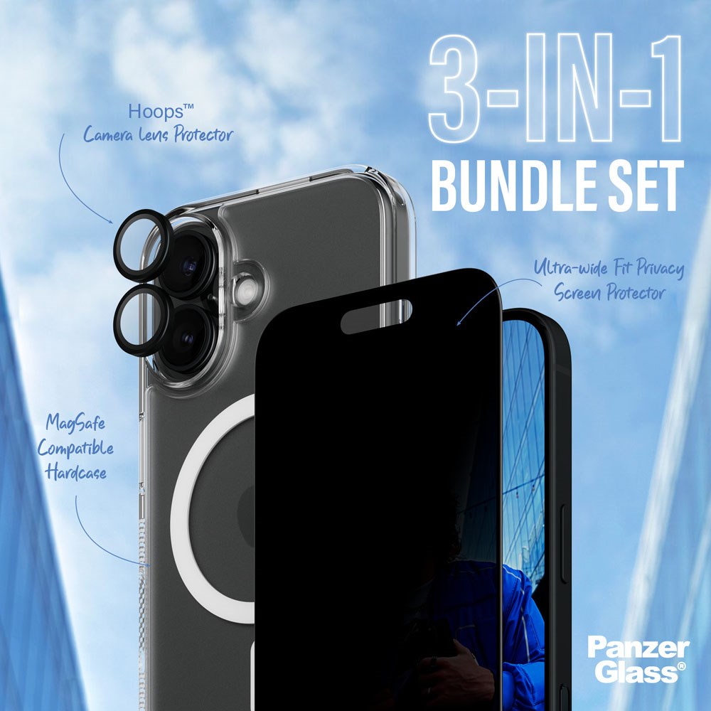 iPhone 16 PanzerGlass 3-i-1 Bundle m. EasyAligner - Cover / Privacy Skærmbeskyttelse (UWF) / Kamerabeskyttelse - Gennemsigtig / Sort