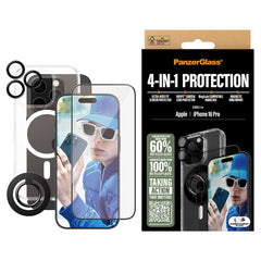 iPhone 16 Pro PanzerGlass 4-i-1 Bundle m. EasyAligner - Cover / Skærmbeskyttelse (UWF) / Kamerabeskyttelse / Fingerring - Gennemsigtig / Sort