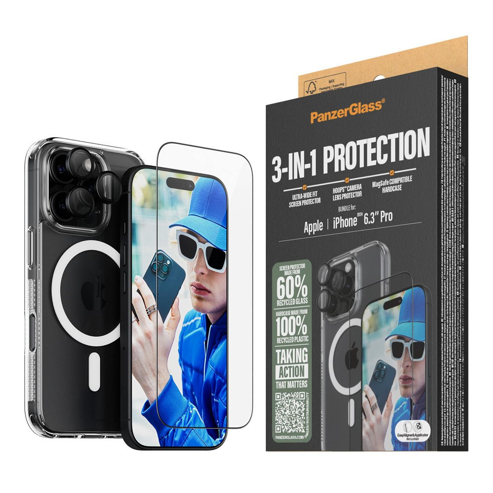 iPhone 16 Pro PanzerGlass 3-i-1 Bundle m. EasyAligner - Cover / Skærmbeskyttelse (UWF) / Kamerabeskyttelse - Gennemsigtig / Sort