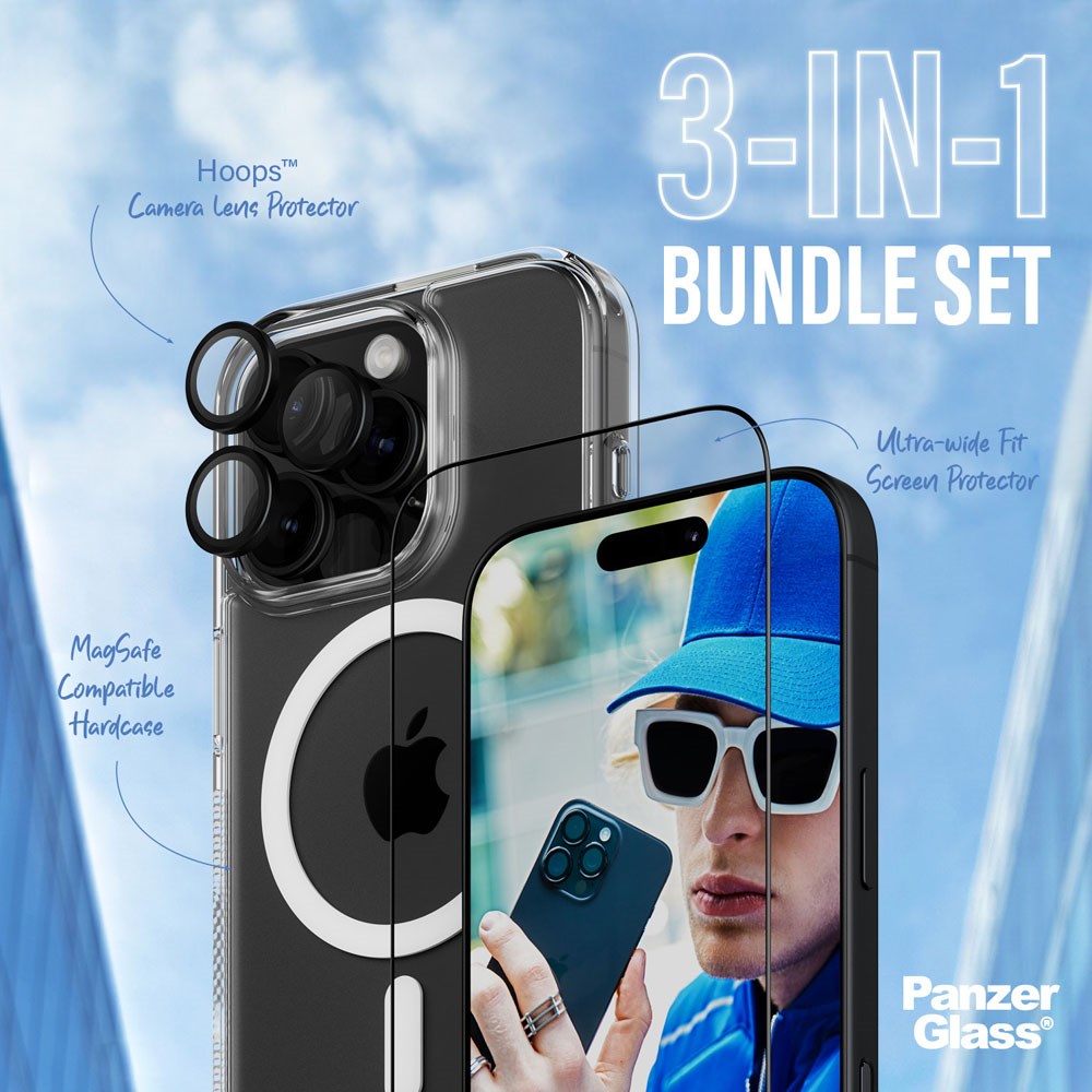 iPhone 16 Pro PanzerGlass 3-i-1 Bundle m. EasyAligner - Cover / Skærmbeskyttelse (UWF) / Kamerabeskyttelse - Gennemsigtig / Sort