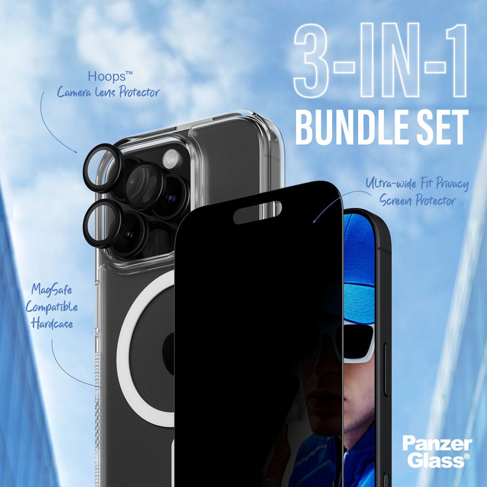 iPhone 16 Pro PanzerGlass 3-i-1 Bundle m. EasyAligner - Cover / Privacy Skærmbeskyttelse (UWF) / Kamerabeskyttelse - Gennemsigtig / Sort