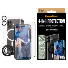 iPhone 16 Plus PanzerGlass 4-i-1 Bundle m. EasyAligner - Cover / Skærmbeskyttelse (UWF) / Kamerabeskyttelse / Fingerring - Gennemsigtig / Sort