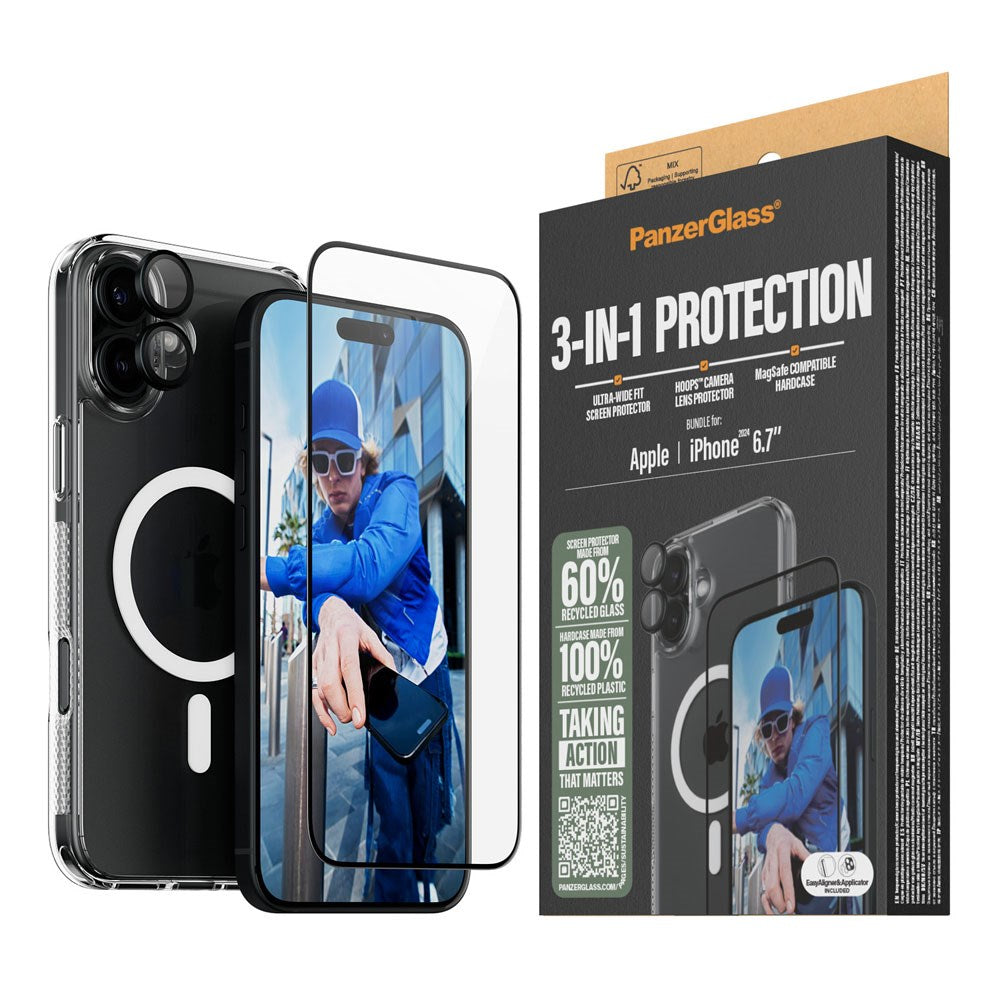 iPhone 16 Plus PanzerGlass 3-i-1 Bundle m. EasyAligner - Cover / Skærmbeskyttelse (UWF) / Kamerabeskyttelse - Gennemsigtig / Sort