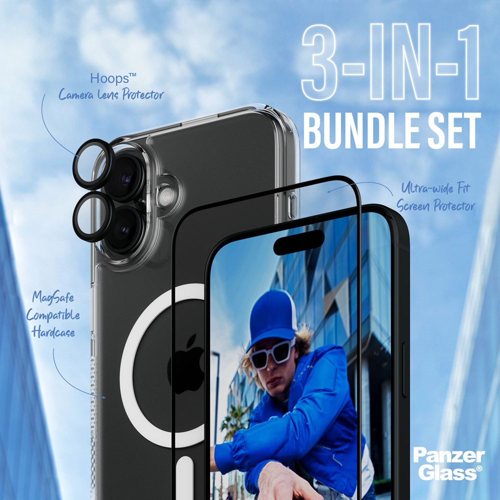 iPhone 16 Plus PanzerGlass 3-i-1 Bundle m. EasyAligner - Cover / Skærmbeskyttelse (UWF) / Kamerabeskyttelse - Gennemsigtig / Sort