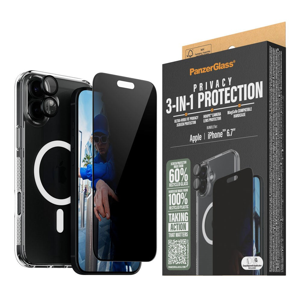 iPhone 16 Plus PanzerGlass 3-i-1 Bundle m. EasyAligner - Cover / Privacy Skærmbeskyttelse (UWF) / Kamerabeskyttelse - Gennemsigtig / Sort