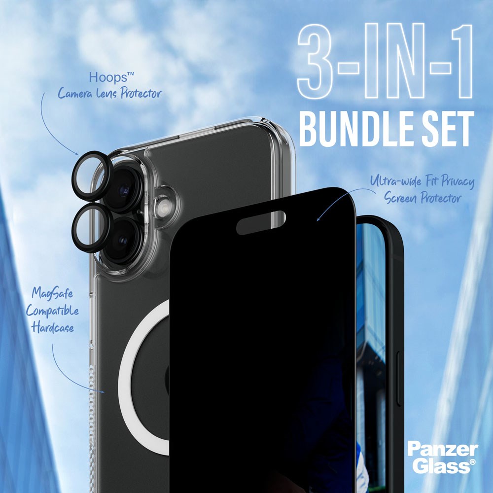 iPhone 16 Plus PanzerGlass 3-i-1 Bundle m. EasyAligner - Cover / Privacy Skærmbeskyttelse (UWF) / Kamerabeskyttelse - Gennemsigtig / Sort